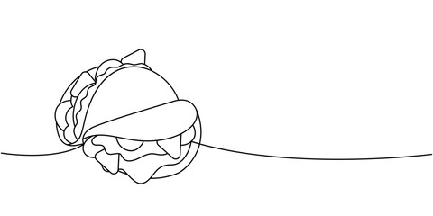 Mexican tacos one line continuous drawing. Traditional Mexican street fast food. Vector linear illustration.