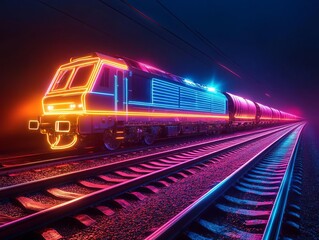 Naklejka premium A vibrant neon train illuminated in colorful lights traveling along a dark, misty railway track at night.