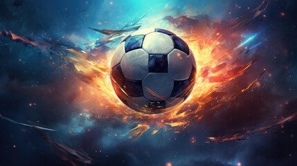 A captivating close-up of a soccer ball ablaze, with flames erupting from various points around it.