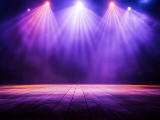 A vibrant stage illuminated by colorful lights, ready for a performance with dramatic ambiance and an inviting atmosphere.