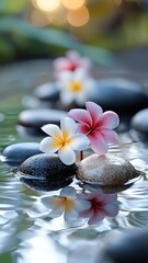 A serene composition of colorful flowers and smooth stones on water, creating a tranquil and peaceful atmosphere.