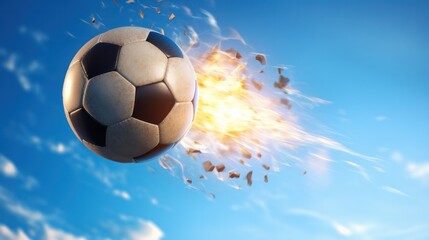 Naklejka premium A captivating close-up of a soccer ball ablaze, with flames erupting from various points around it.