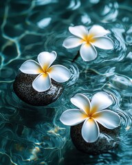 Three beautiful plumeria flowers floating on tranquil water, surrounded by smooth stones, creating a serene and peaceful ambiance.