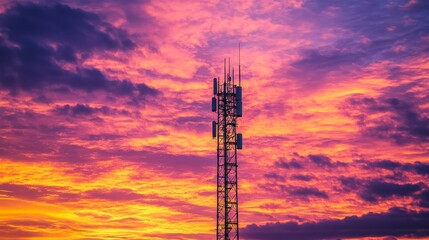 Cell tower against a vibrant sunset sky, communication technology concept