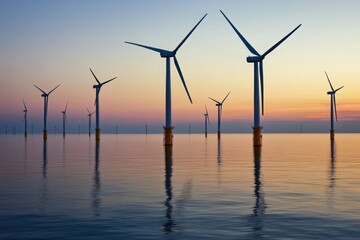 A sprawling offshore wind farm at sunset, with turbines spinning gently in the ocean breeze, reflecting in the calm water.