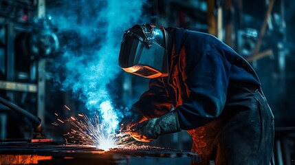 Industrial Welder Working in a Smoky Shop