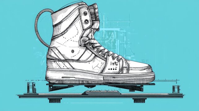 recommend clip art: A detailed line drawing of a high-top skate shoe on a skate board.