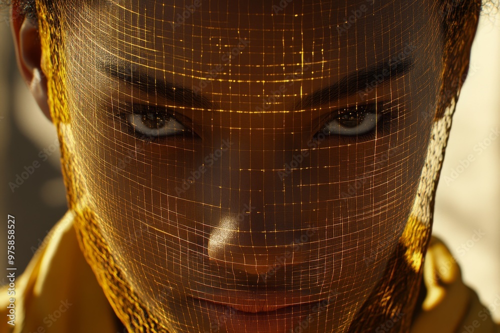 Sticker Futuristic close up of a woman with golden digital grid lines covering her face symbolizing advanced technology AI and cybernetic enhancements in a modern futuristic setting