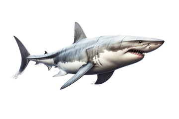 Fototapeta premium A close-up of a fierce-looking shark with detailed textures on its skin, showing off its sharp teeth and intense gaze. Isolated on white background