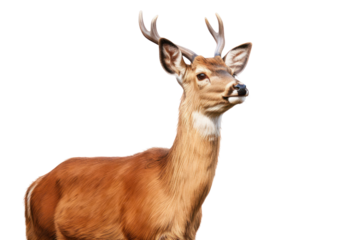 A side profile of a red deer doe with a serene expression isolated on white background
