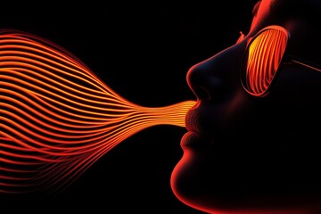 Abstract silhouette of a face with red and orange glowing wavy lines flowing from the lips symbolizing speech communication and energy in a minimalist digital design