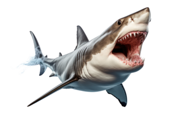 A close-up of a fierce-looking shark with detailed textures on its skin, showing off its sharp teeth and intense gaze. Isolated on white background