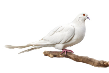 Fototapeta premium A serene white dove perched delicately on a branch, with its wings slightly spread, isolated on white background