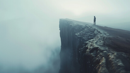 Silhouette of a man on a cliff in fog