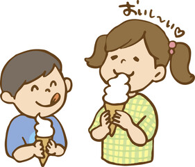 ソフトクリームを食べる子供たち