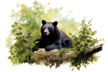 A serene image of a black bear resting against a large tree, with its body partially hidden among the foliage, isolated on white background