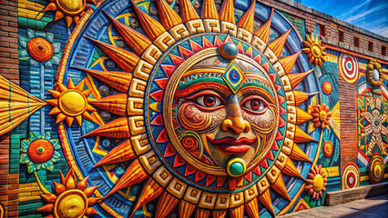 Obraz premium Vibrant sun mural with intricate design on a building wall under blue sky