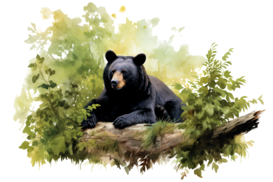 A serene image of a black bear resting against a large tree, with its body partially hidden among the foliage, isolated on white background