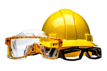 A safety helmet placed next to safety goggles and gloves on a workbench in an industrial setting, isolated on white background