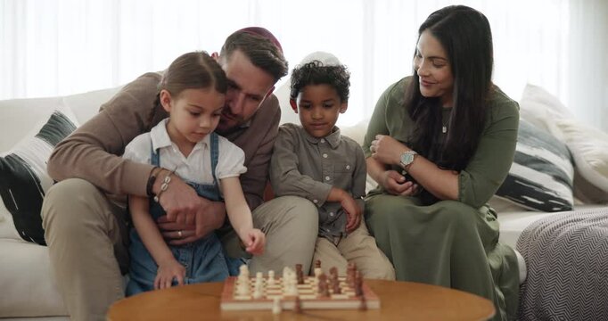 Parents, children and chess play in home game in Jewish family, learning strategy or competition. Mother, father or siblings support or together religion event, skill development or parent connection