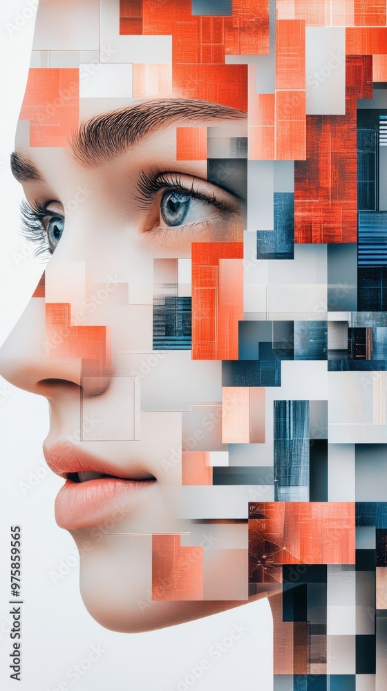 Poster A woman's face is made up of squares and triangles, AI