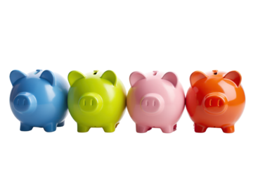 A row of piggy banks in different colors, representing diverse savings options, isolated on white background