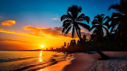 Golden sunset over tranquil beach with silhouetted palm trees and vibrant sky AI generative.