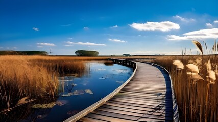 Wooden boardwalk winding through marshland with tall reeds and cattails AI generative.