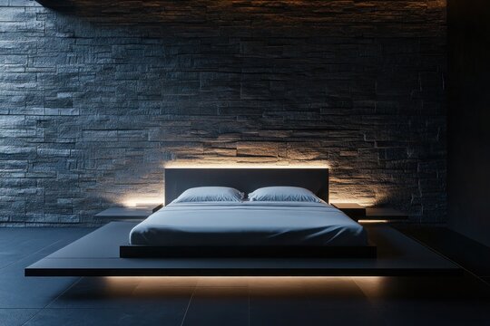 A sleek, low-profile bed with a floating effect, set against a dark stone wall with indirect lighting.