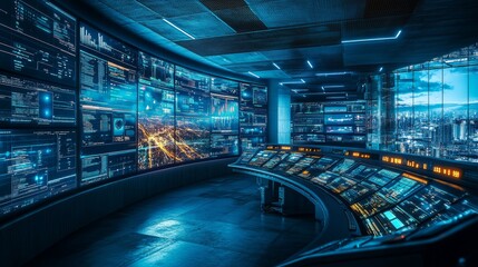 Futuristic Control Room with City View.