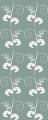 A decorative pattern featuring stylized white floral designs on a muted green background, ideal for textiles or wallpaper.