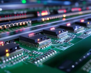 Close-up of a circuit board with microchips.