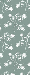 A decorative floral pattern featuring swirling vines and tulip-like flowers in white on a muted green background.
