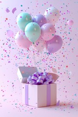 Colorful birthday gift box with balloons and confetti, celebrating festive occasion