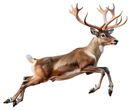 Leaping Reindeer, Isolated on White Transparent Background, PNG Element. Santa Claus's flying reindeer
