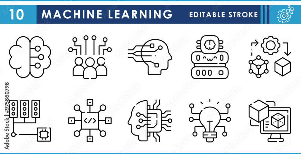 Poster A set of line icons related to Machine Learning. Learn, algorithm, modeling, technology, artificial intelligence, server, brain, and so on. Vector editable stroke.