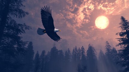 Fototapeta premium Bald Eagle Flying Through the Night Sky.