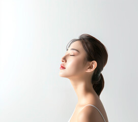 Fototapeta premium Radiant Close-Up of a Young Asian Woman's Face with Healthy Skin