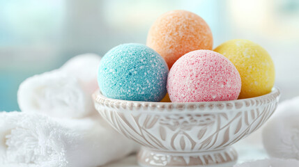 Obraz premium Luxurious Spa Scene with Colorful Bath Bombs, Soaps, and White Towels in Ceramic Bowl