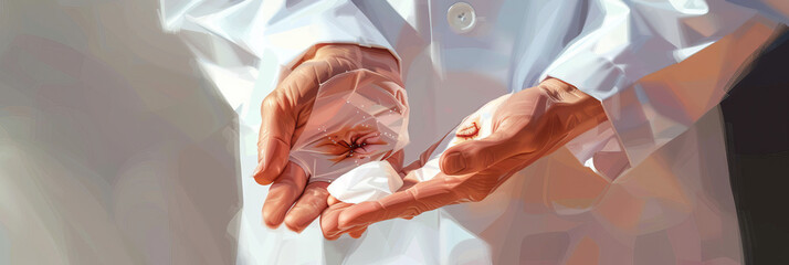 Healing Hands: A healthcare professional's hands, holding a bandaged wound, revealing signs of healing and care.