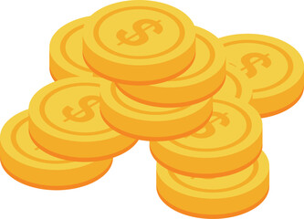 Stack of golden coins is laying on a white background, representing savings, wealth, and investment