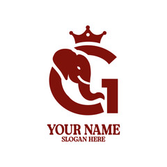 a red and white logo with an elephant and crown on it.