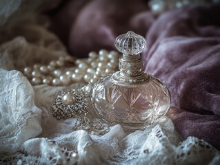 Elegant Vintage Perfume Bottle on Velvet Cushion with Antique Jewelry and Lace in Romantic Setting