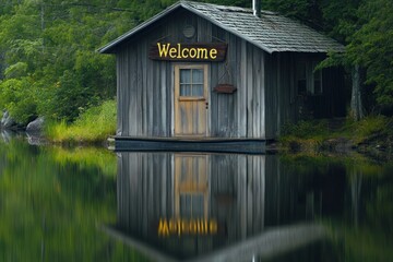 A serene lakeside cabin with a handcrafted "Welcome" sign hanging on the door, reflecting on the still water.