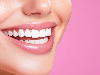 Obraz premium A close-up of a woman's bright smile, her white teeth framed by smooth, glowing skin,copy space for text,