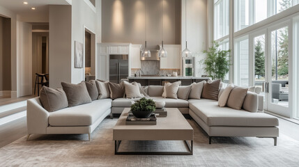 A spacious and airy living room featuring a contemporary sectional sofa and large windows.
