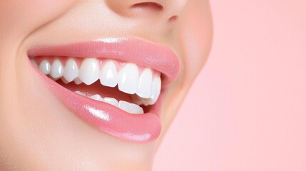 Obraz premium A close-up of a woman's inviting smile, her glowing skin and white teeth in perfect harmony,copy space for text,