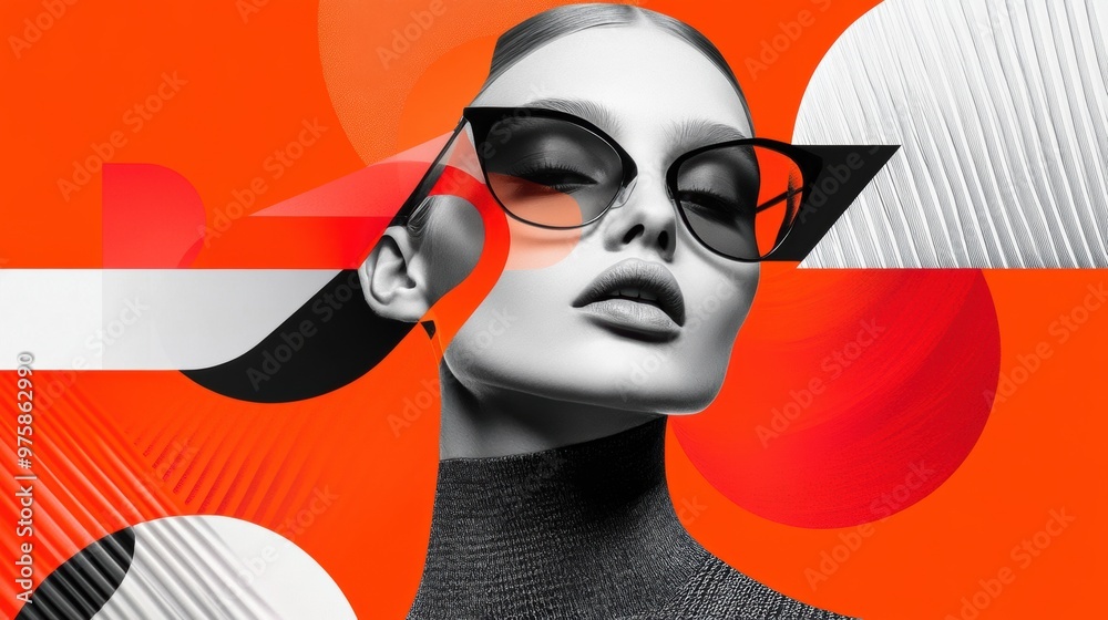 Sticker A woman with glasses and a black shirt is shown in an abstract art style, AI