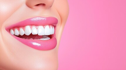 Obraz premium A close-up of a woman's playful smile, her glowing skin adding to the charm of her white teeth,copy space for text,