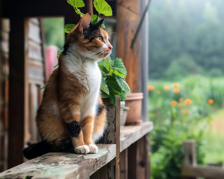 A calico cat sits gracefully on wooden railing, gazing thoughtfully into lush garden filled with greenery and vibrant flowers. serene atmosphere enhances cats beauty